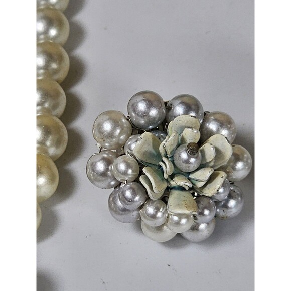 Vintage Japan Faux Pearl 3-Strand Necklace & Clip-On Earrings Set Floral Cluster - Picture 10 of 16